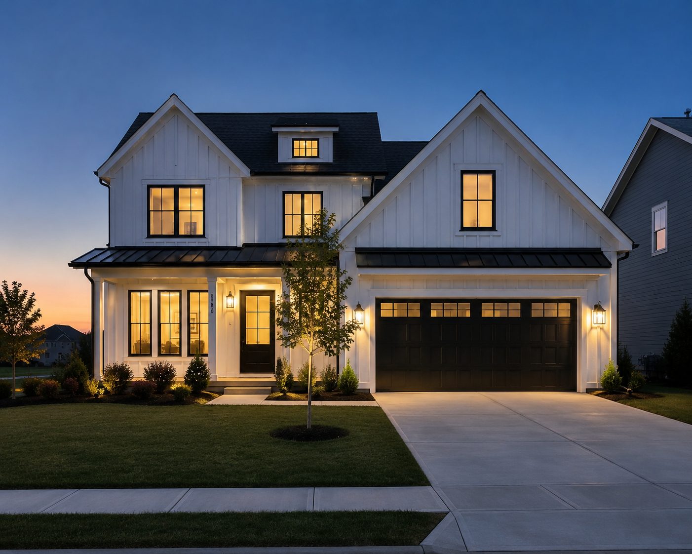 Twilight exterior of a Westerville modern farmhouse