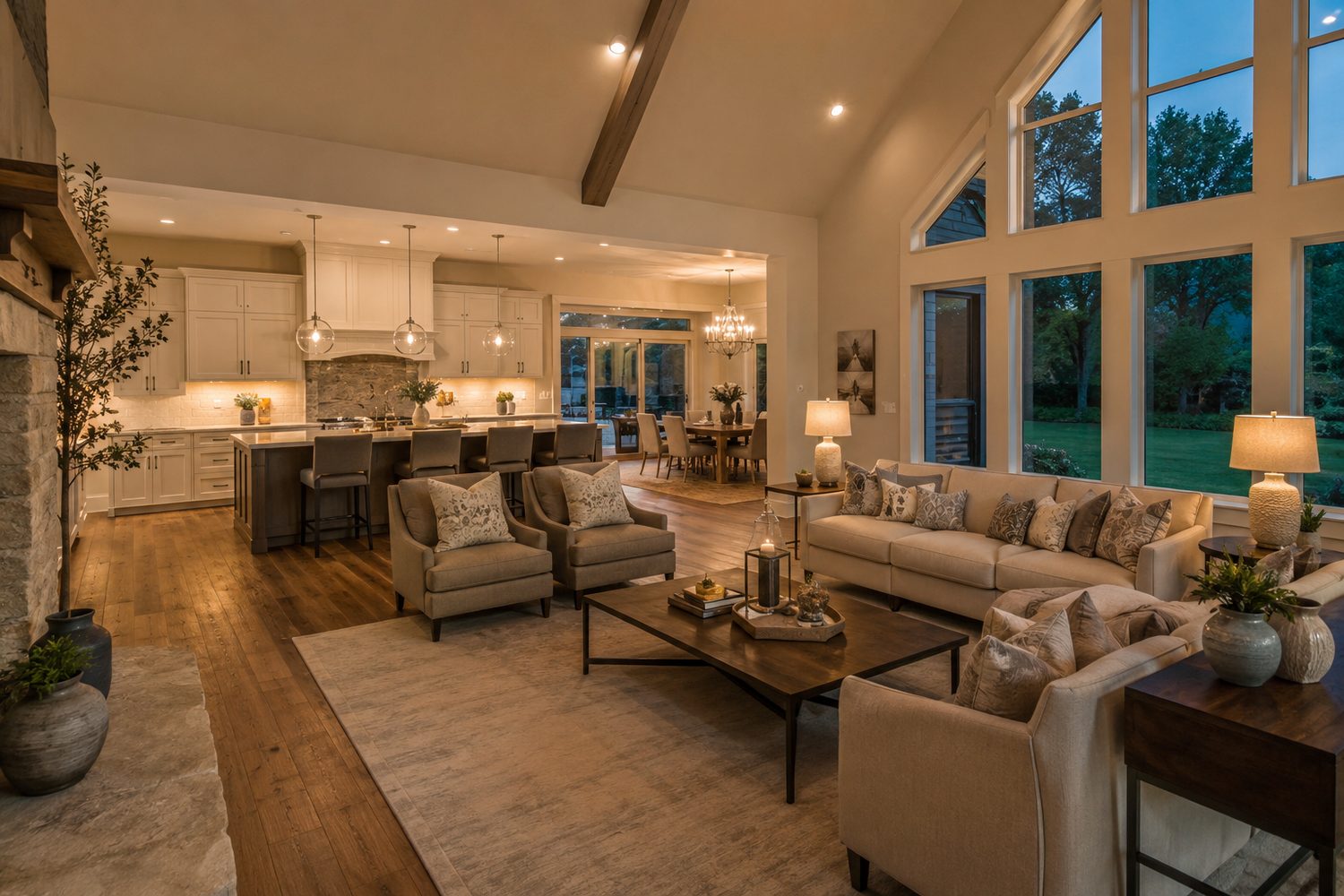 Open-concept great room at dusk