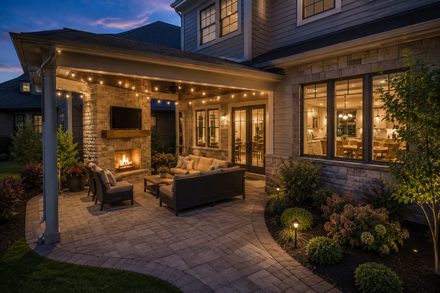 Covered outdoor living at twilight